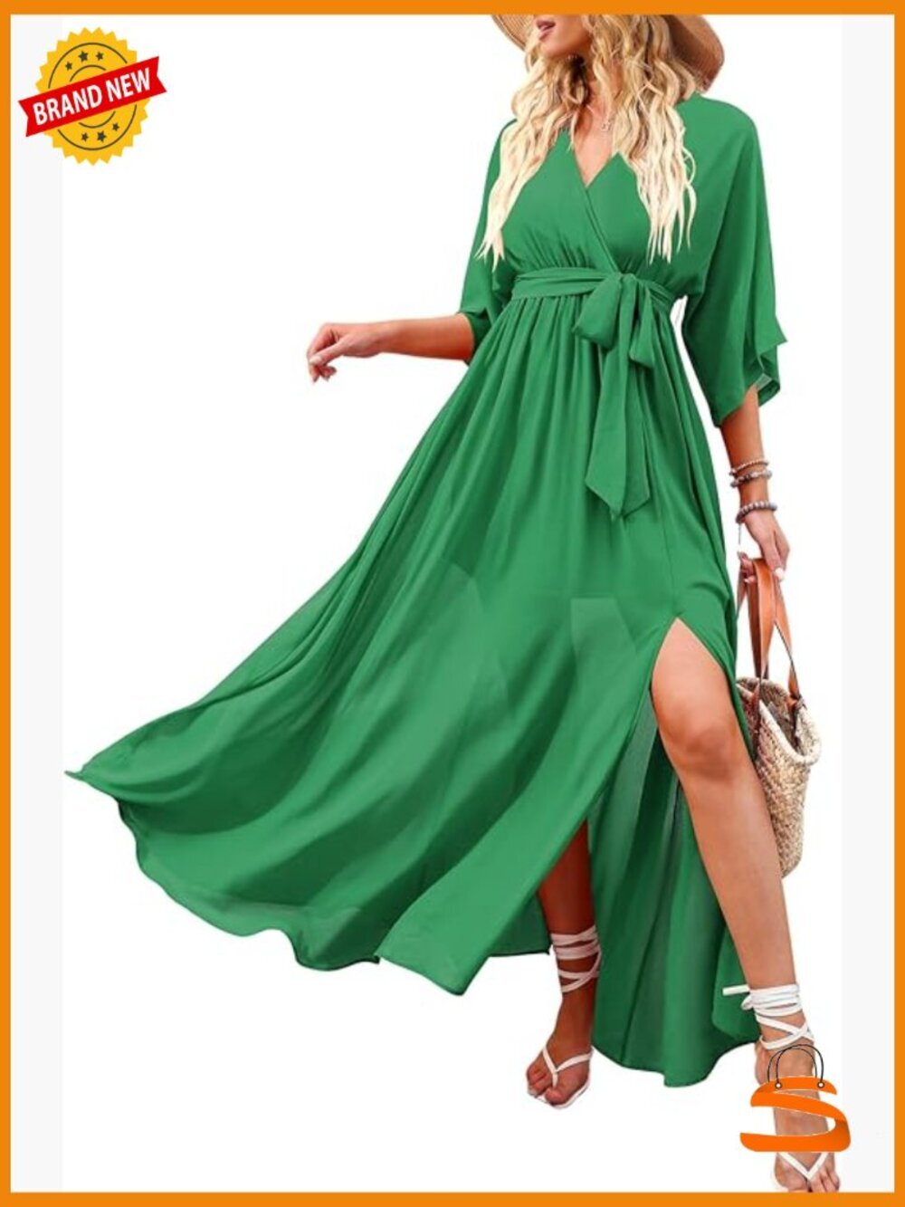Wrap V Neck Maxi Dress with Slit Flowy 3/4 Sleeve